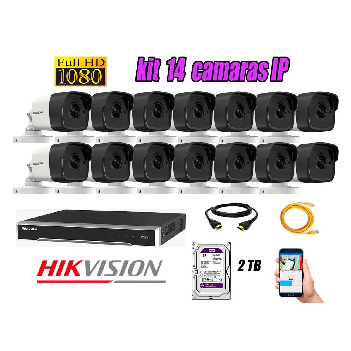 HIKVISION - Cámara de Seguridad Ip Poe Full HD 1080P Exterior Kit 14 Disco 2TB WD Purpura