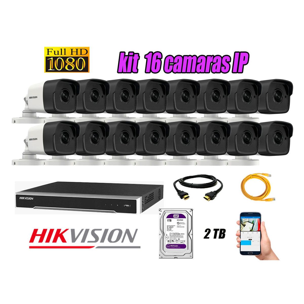 HIKVISION - Cámara de Seguridad Ip Poe Full HD 1080P Exterior Kit 16 Disco 2TB WD Purpura