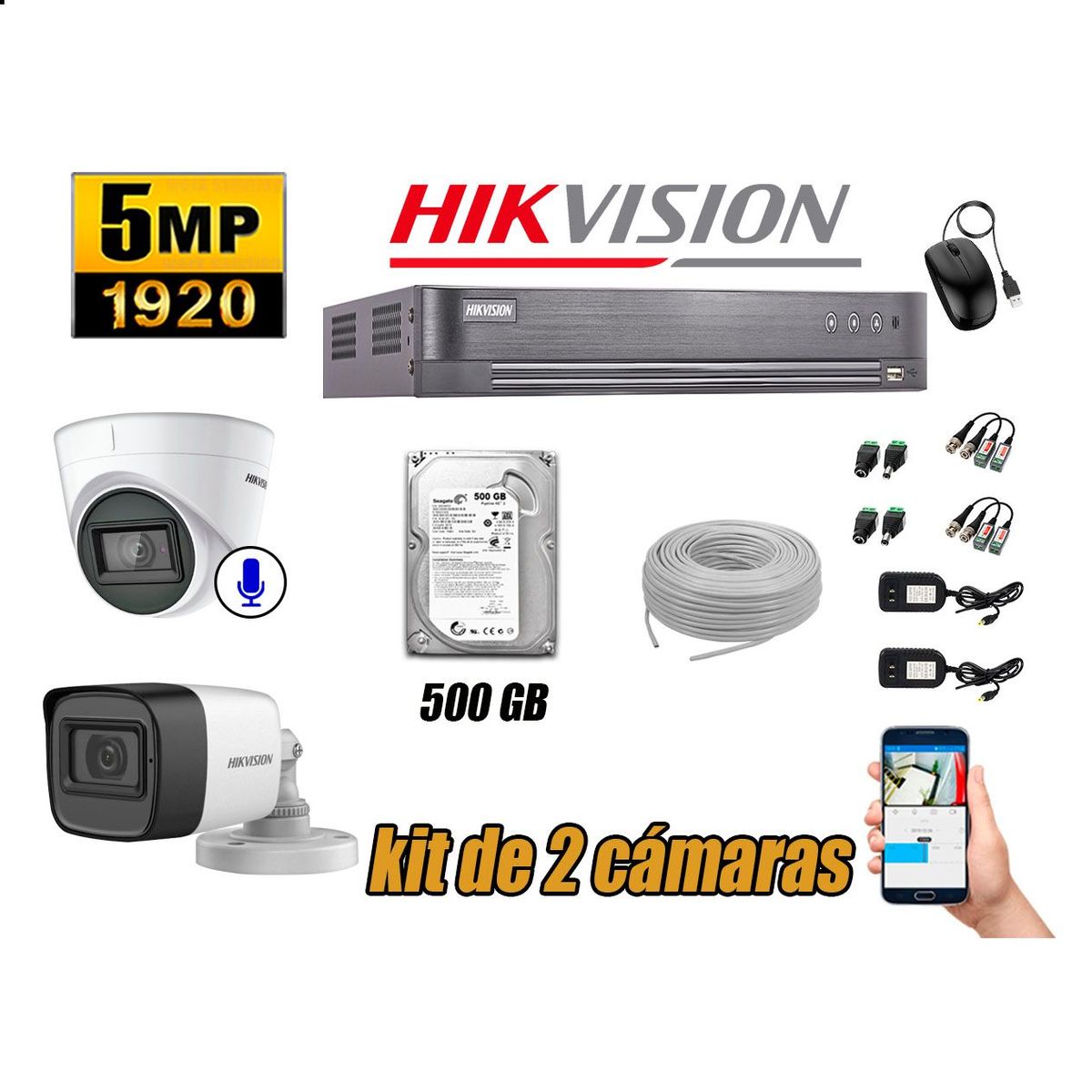 HIKVISION - Cámaras de Seguridad Kit 2 5MP | 01 Cámara Audio Incorporado Disco 500GB
