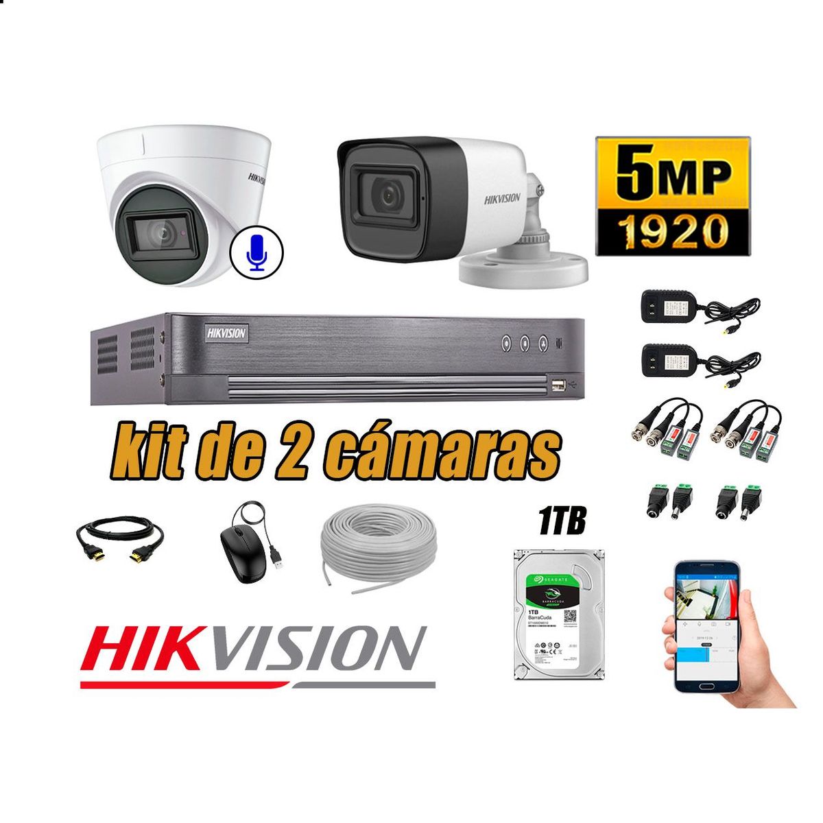 HIKVISION - Cámaras de Seguridad Kit 2 5MP | 01 Cámara Audio Incorporado Disco 1TB