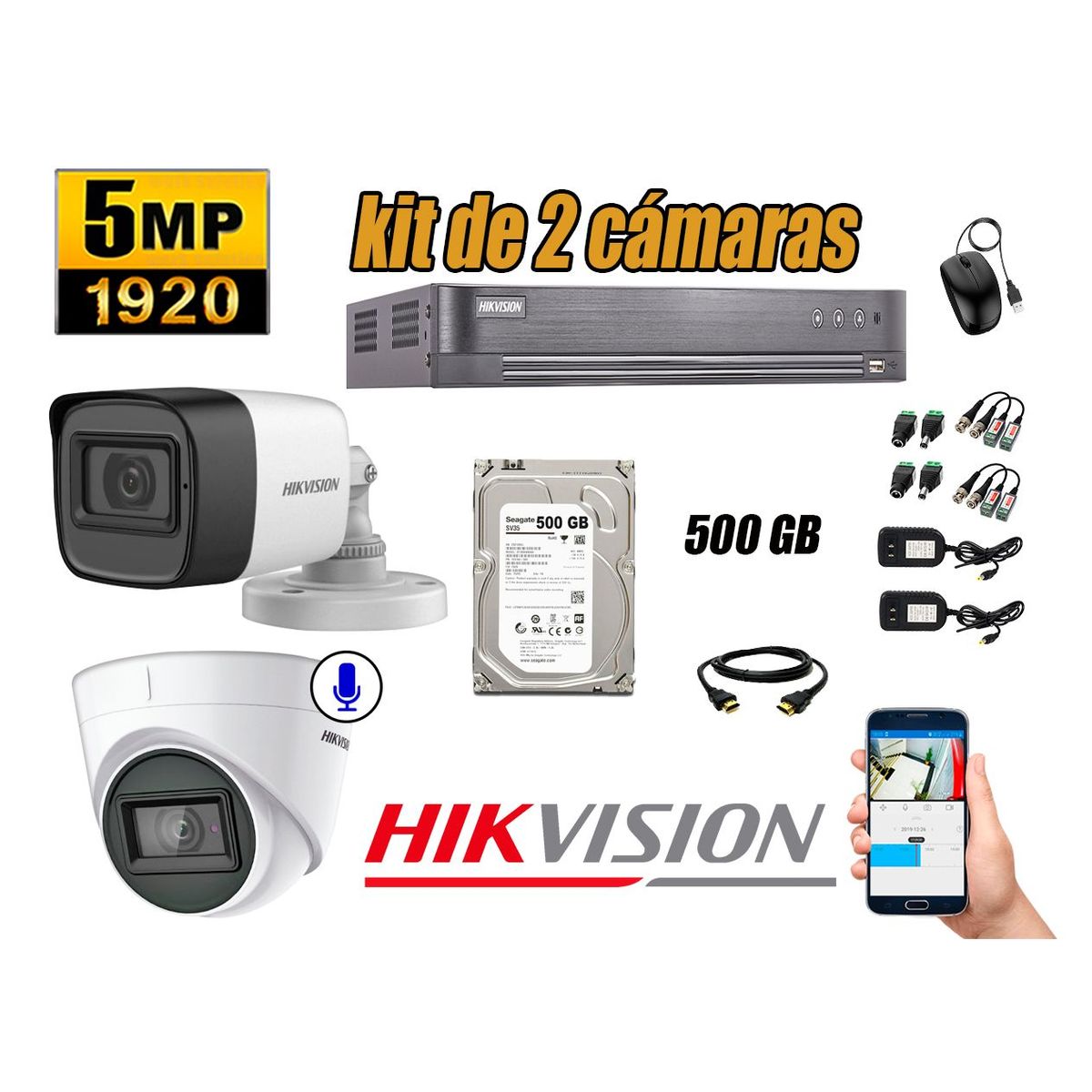 HIKVISION - Cámaras de Seguridad Kit 2 5MP | 01 Cámara Audio Incorporado Disco 500GB P2P