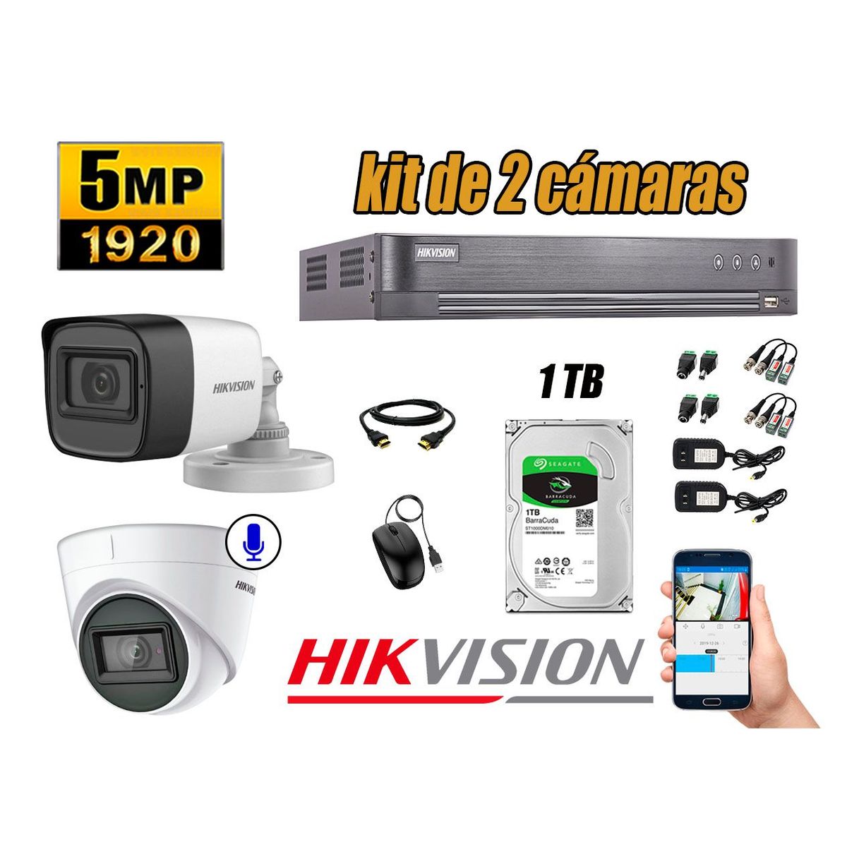 HIKVISION - Cámaras de Seguridad Kit 2 5MP | 01 Cámara Audio Incorporado Disco 1TB WD