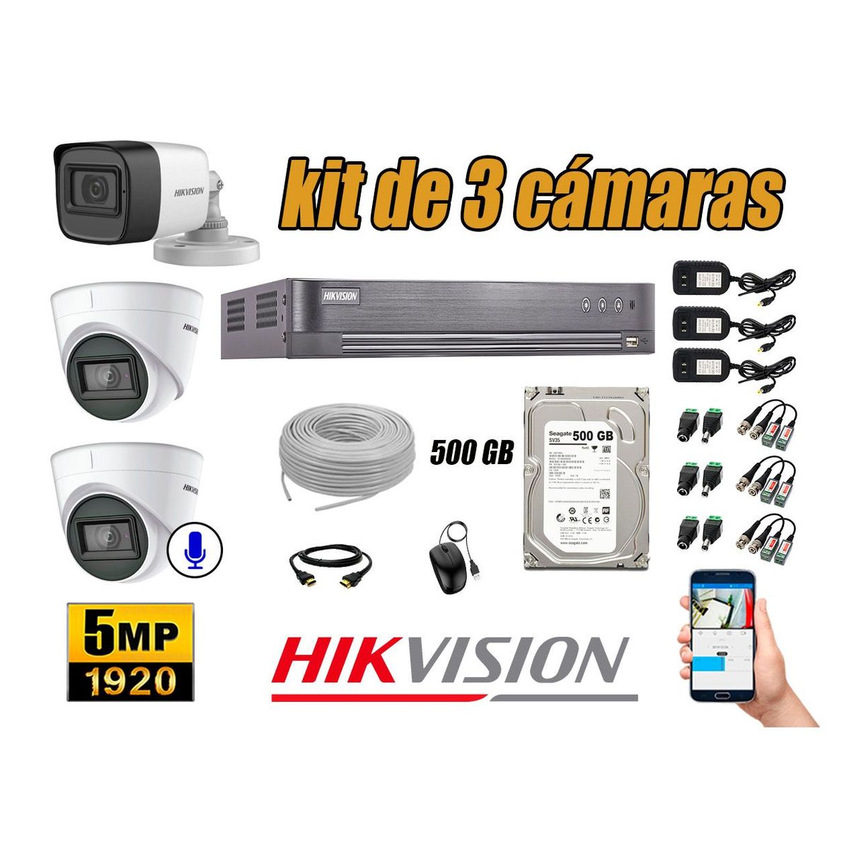 HIKVISION - Cámaras de Seguridad Kit 3 5MP | 01 Cámara Audio Incorporado Disco 500GB