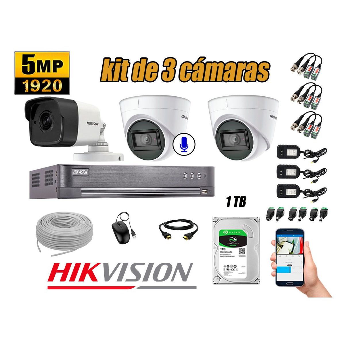 HIKVISION - Cámaras de Seguridad Kit 3 5MP | 01 Cámara Audio Incorporado Disco 1TB