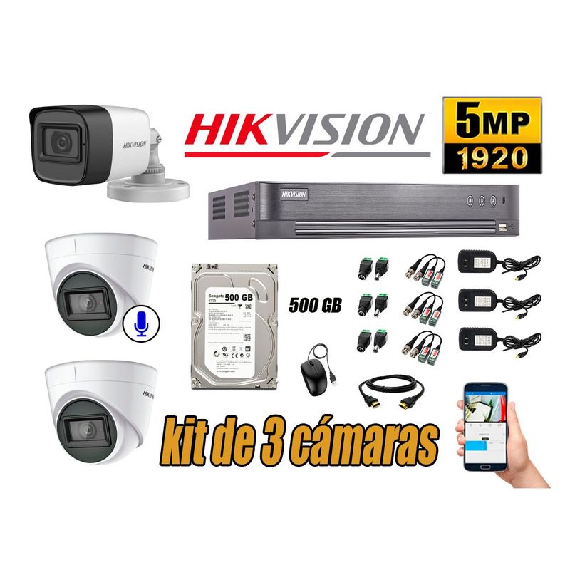 HIKVISION - Cámaras de Seguridad Kit 3 5MP | 01 cámara Audio Incorporado Disco 500GB P2P