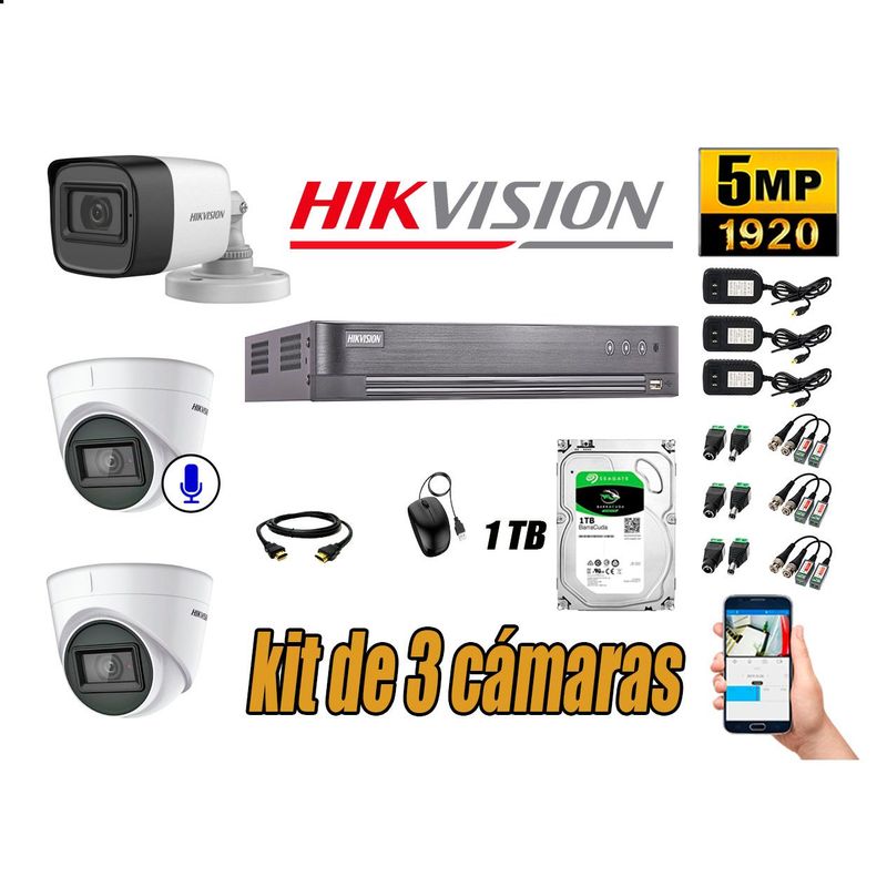 HIKVISION - Cámaras de Seguridad Kit 3 5MP | 01 cámara Audio Incorporado Disco 1TB WD
