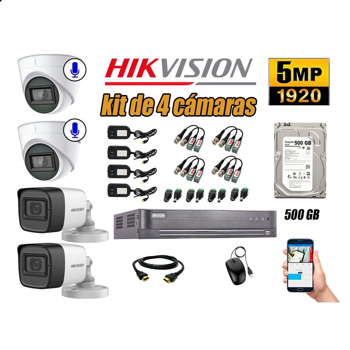 HIKVISION - Cámaras de Seguridad Kit 4 5MP | 02 Cámaras Audio Incorporado Disco 500GB