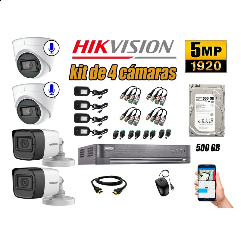 HIKVISION - Cámaras de Seguridad Kit 4 5MP | 02 Cámaras Audio Incorporado Disco 500GB