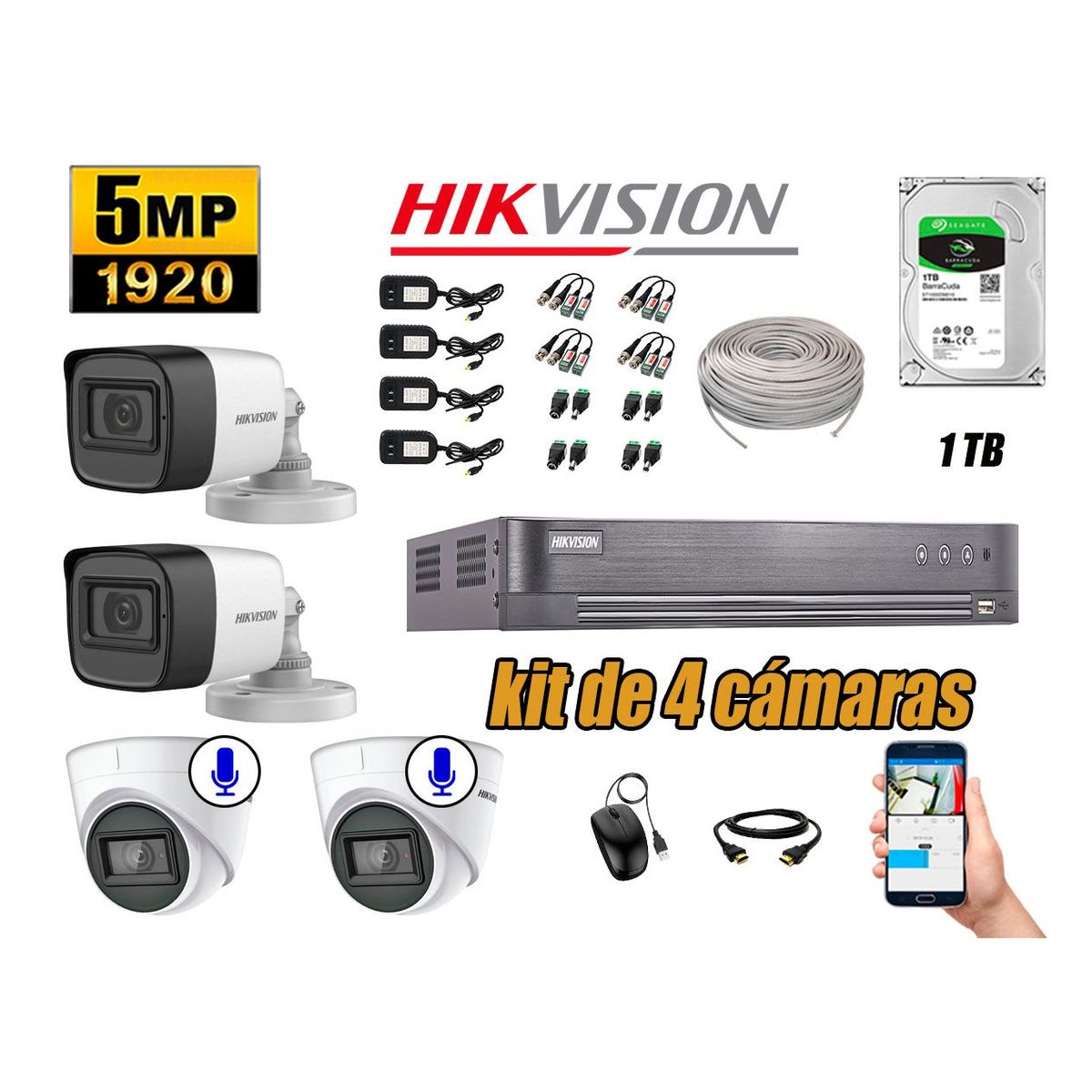 HIKVISION - Cámaras de Seguridad Kit 4 5MP | 02 Cámaras Audio Incorporado Disco 1TB WD