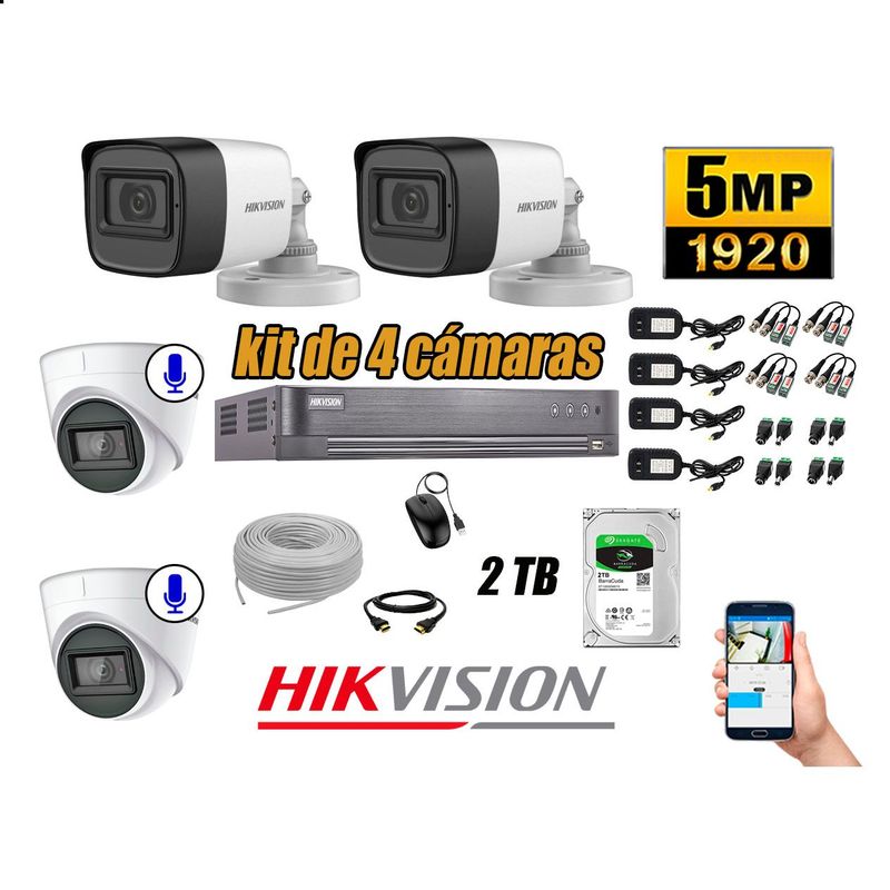 HIKVISION - Cámaras de Seguridad Kit 4 5MP | 02 cámaras Audio Incorporado Disco 2TB WD P2P