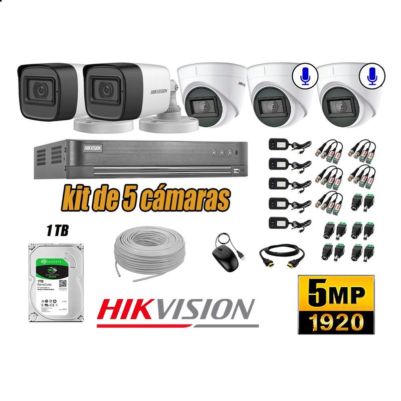 HIKVISION - Cámaras de Seguridad Kit 5 5MP | 02 cámaras Audio Incorporado Disco 1TB WD P2P