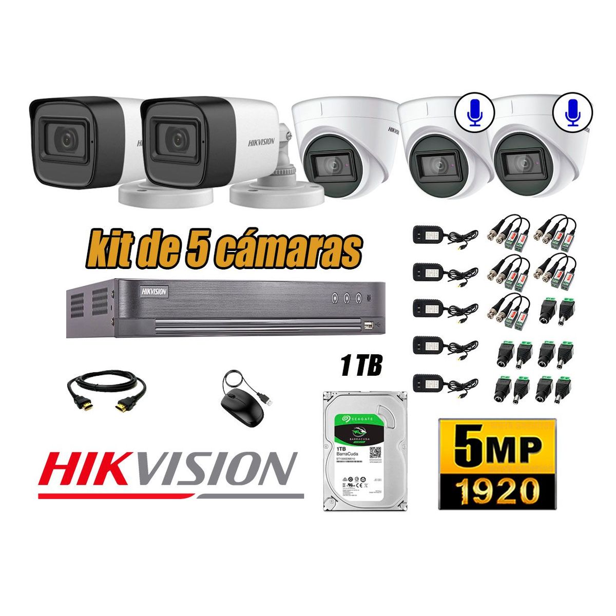 HIKVISION - Cámaras de Seguridad Kit 5 5MP | 02 Cámaras Audio Incorporado Disco 1TB WD