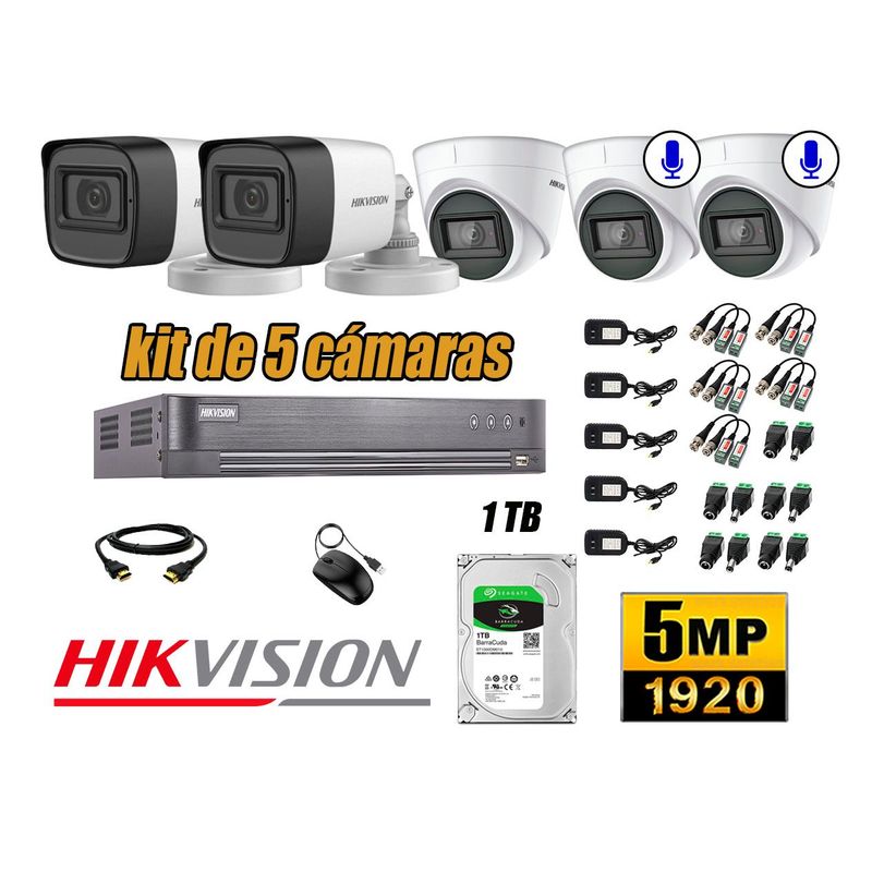 HIKVISION - Cámaras de Seguridad Kit 5 5MP | 02 cámaras Audio Incorporado Disco 1TB WD