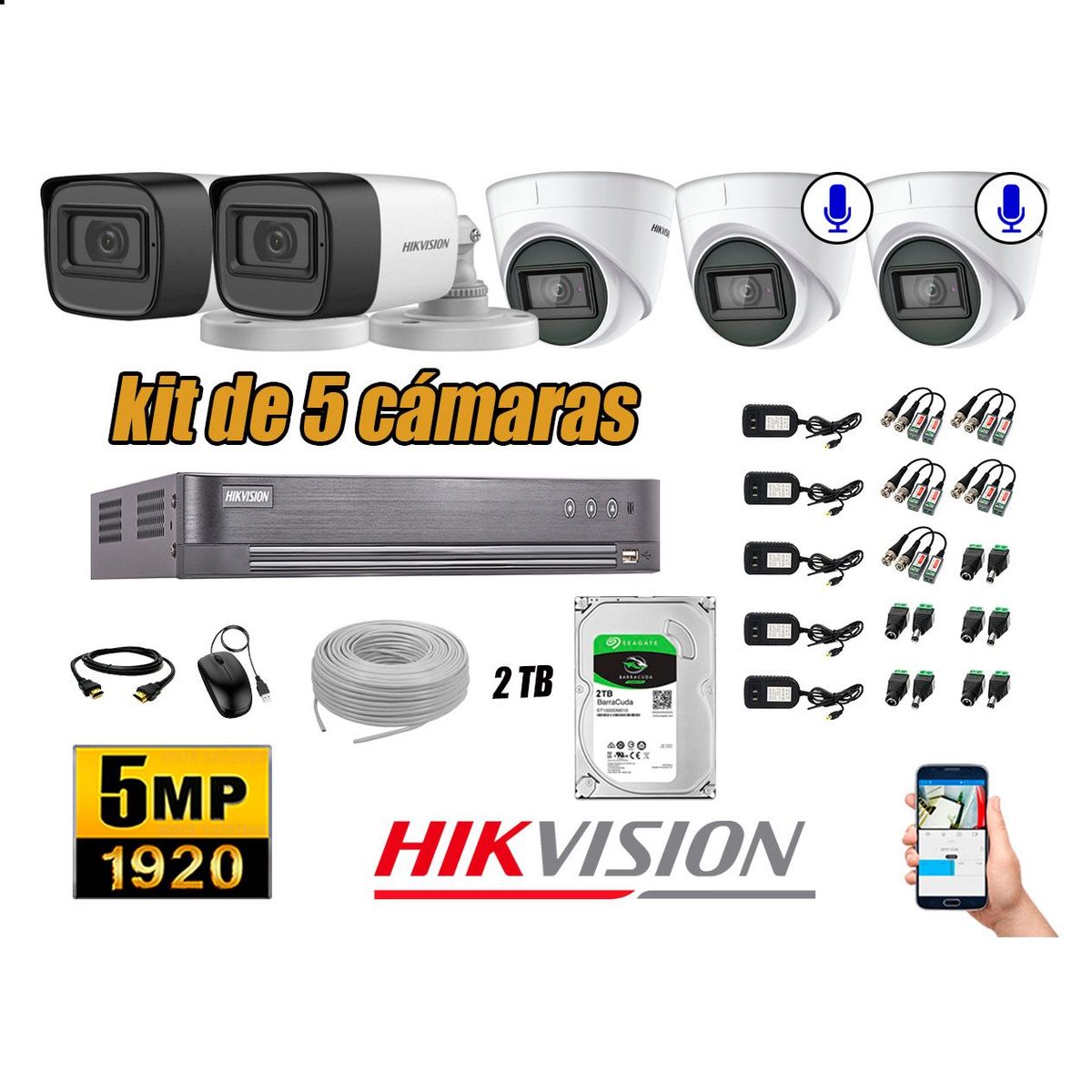 HIKVISION - Cámaras de Seguridad Kit 5 5MP | 02 Cámaras Audio Incorporado Disco 2TB WD P2P