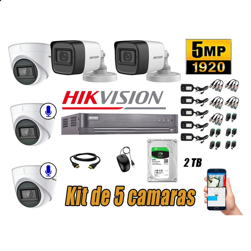 HIKVISION - Cámaras de Seguridad Kit 5 5MP | 02 Camaras Audio Incorporado Disco 2TB WD