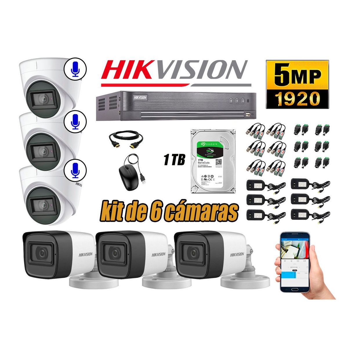 HIKVISION - Cámaras de Seguridad Kit 6 5MP | 03 Cámaras Audio Incorporado Disco 1TB WD P2P
