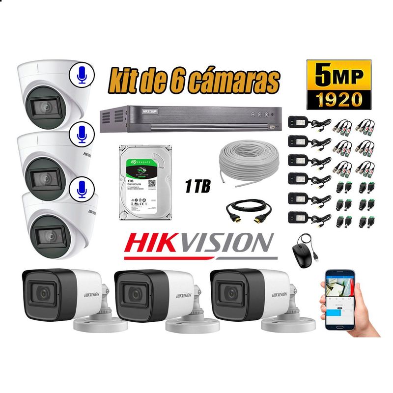 HIKVISION - Cámaras de Seguridad Kit 6 5MP | 03 cámaras Audio Incorporado Disco 1TB WD