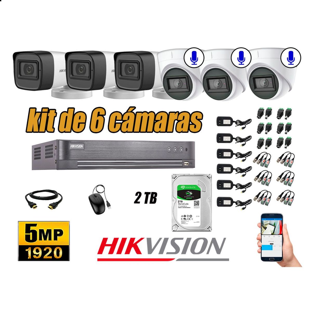 HIKVISION - Cámaras de Seguridad Kit 6 5MP | 03 Cámaras Audio Incorporado Disco 2TB WD