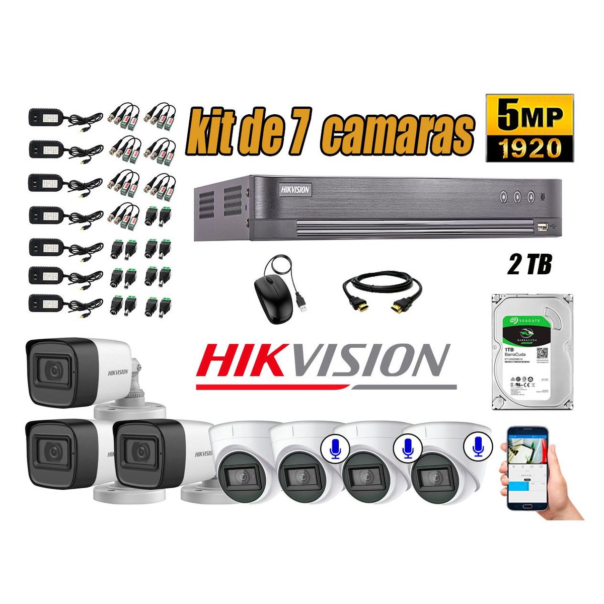 HIKVISION - Cámaras de Seguridad Kit 7 5MP | 03 Cámaras Audio Incorporado Disco 2TB WD P2P