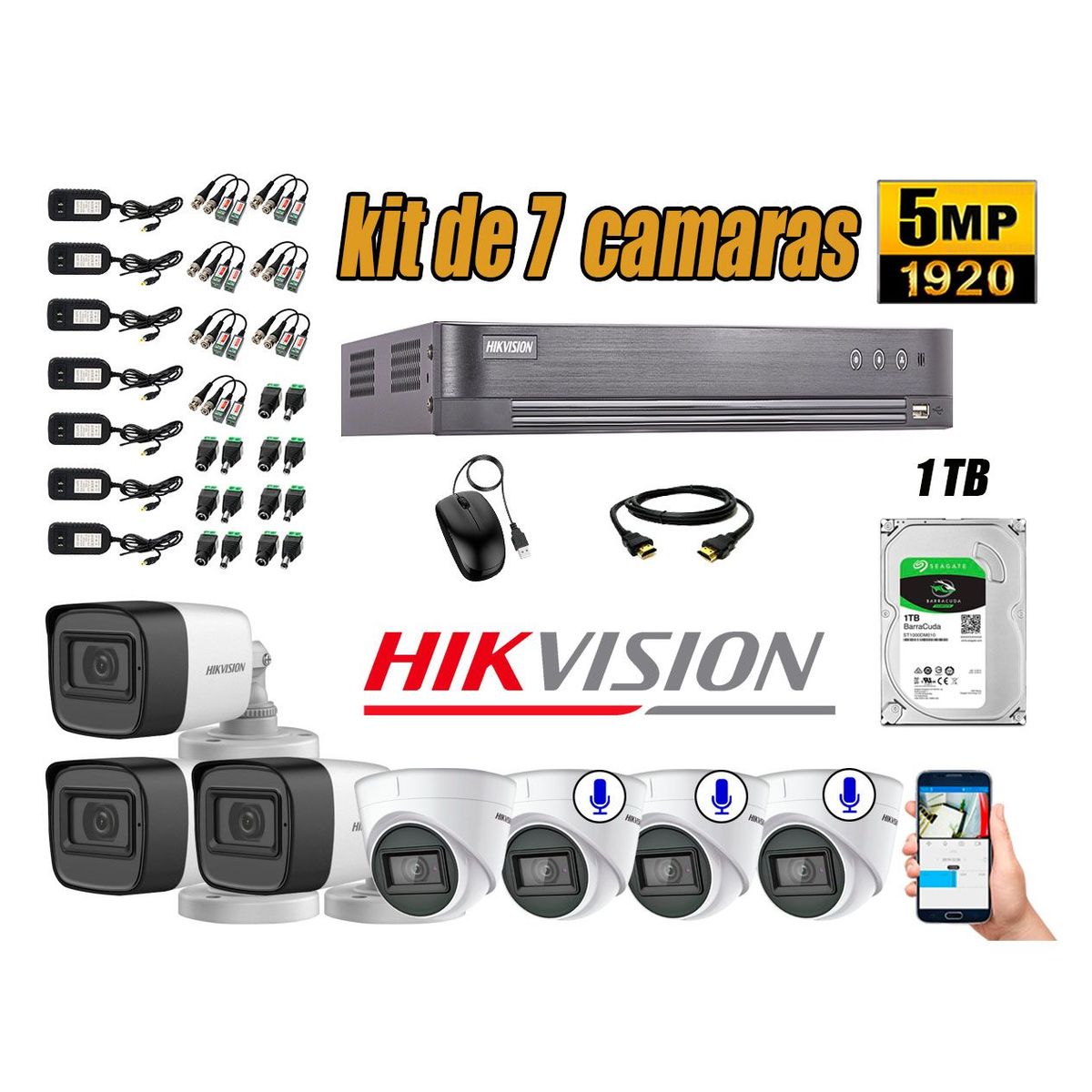 HIKVISION - Cámaras de Seguridad Kit 7 5MP | 03 Cámaras Audio Incorporado Disco 1TB WD