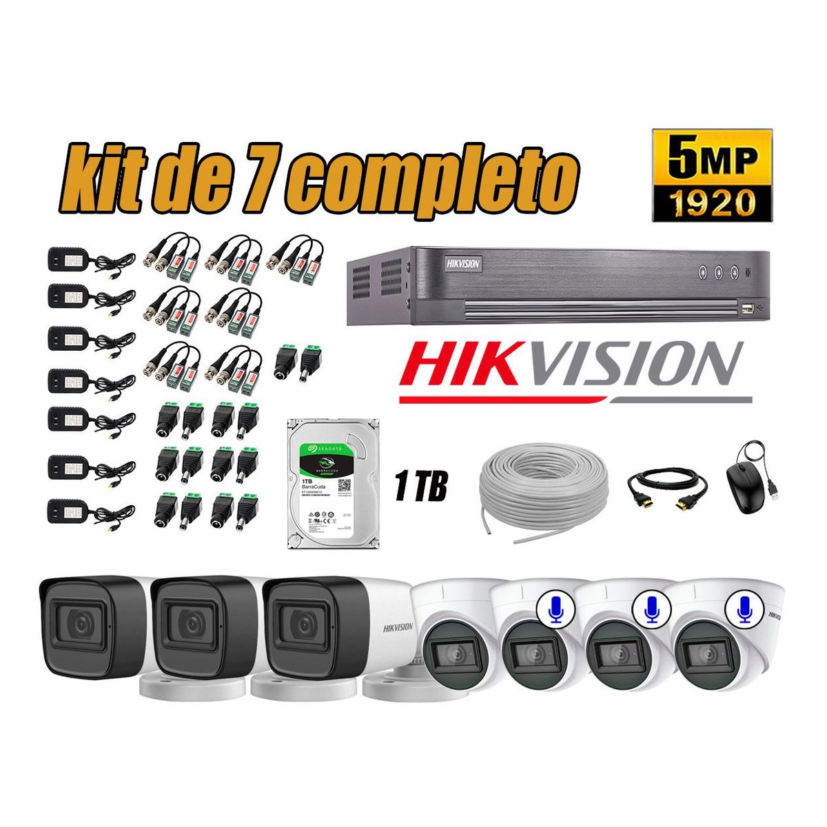 HIKVISION - Cámaras de Seguridad Kit 7 5MP | 03 Cámaras Audio Incorporado Disco 1TB WD P2P
