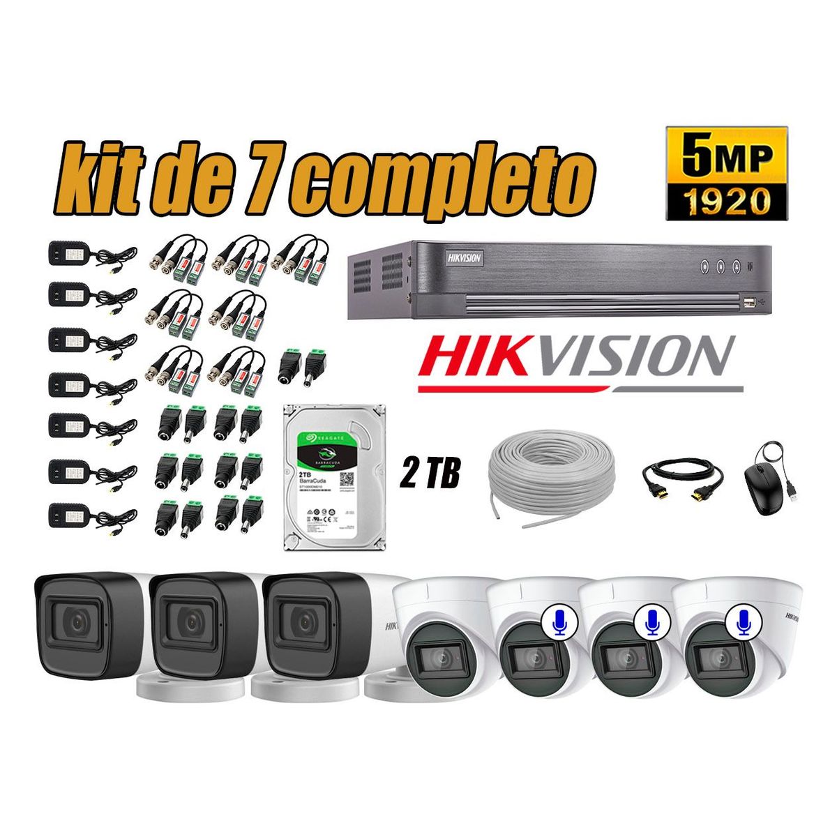 HIKVISION - Cámaras de Seguridad Kit 7 5MP | 03 Cámaras Audio Incorporado Disco 2TB WD