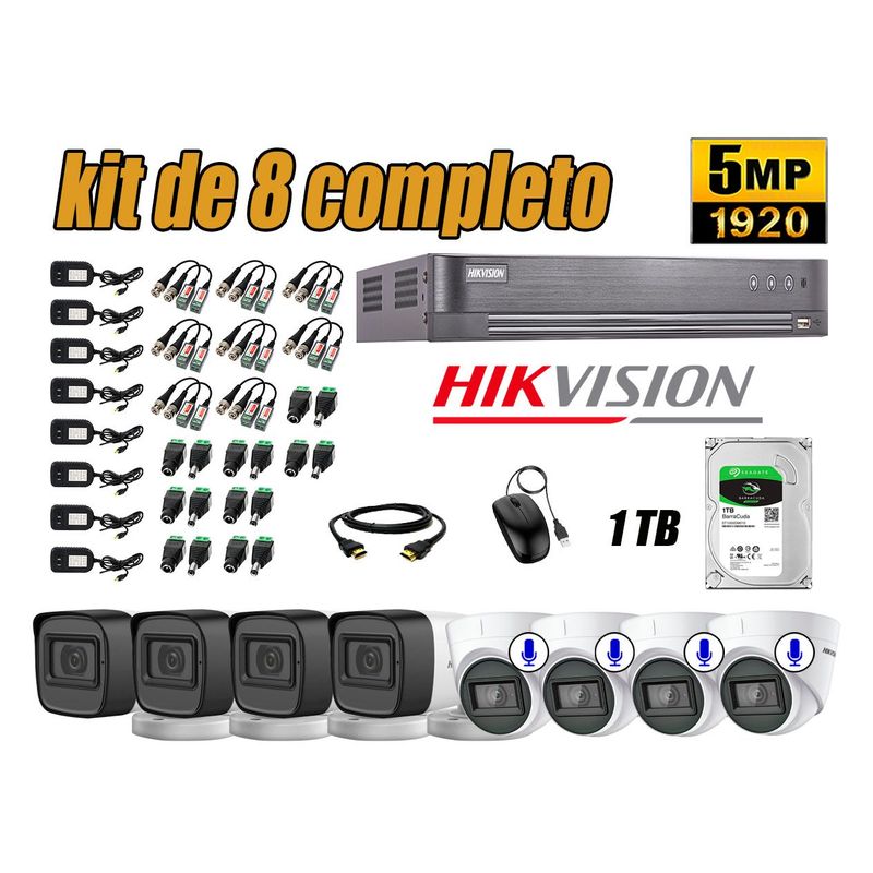 HIKVISION - Cámaras de Seguridad Kit 8 5MP | 04 Camaras Audio Incorporado Disco 1TB WD P2P