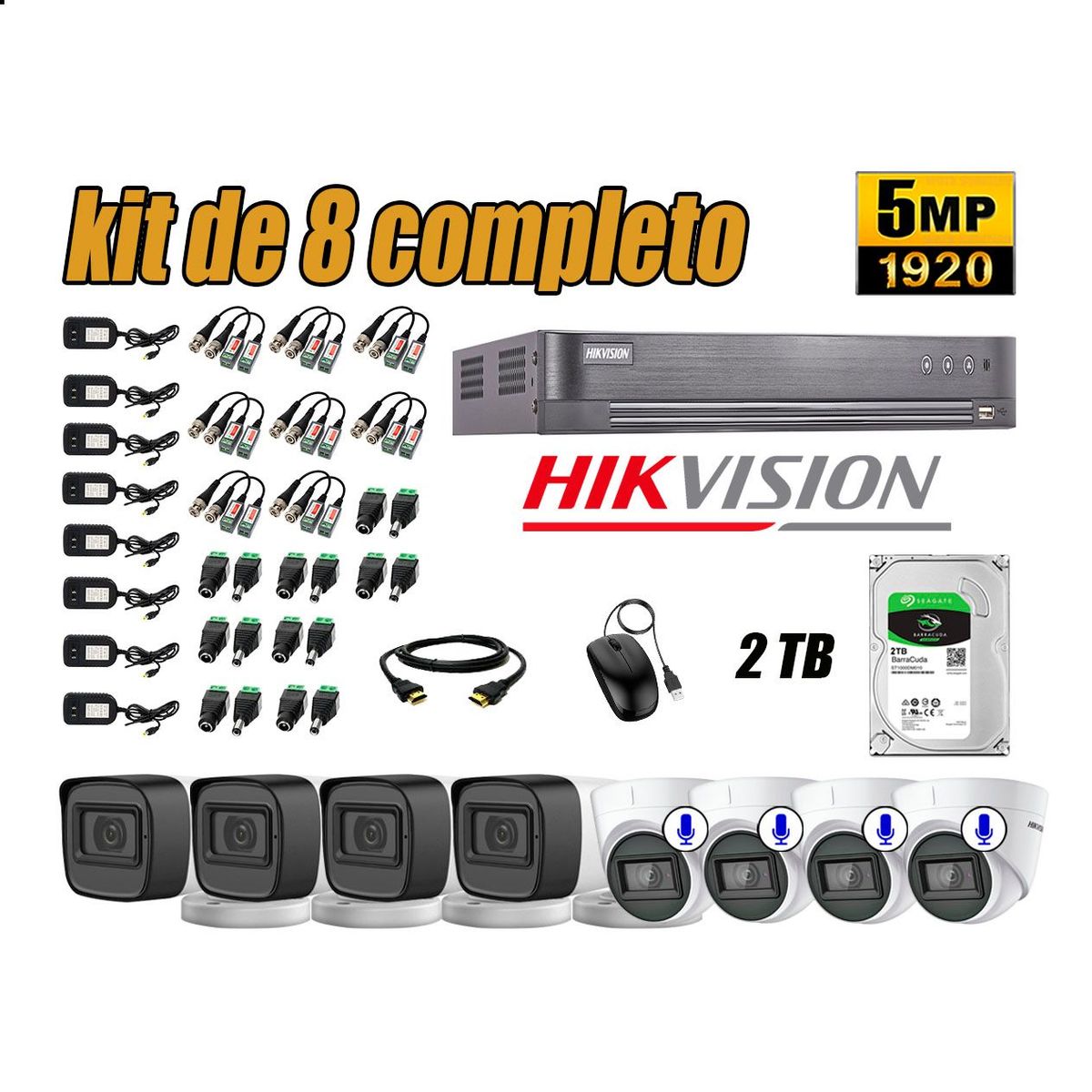HIKVISION - Cámaras de Seguridad Kit 8 5MP | 04 Cámaras Audio Incorporado Disco 2TB WD