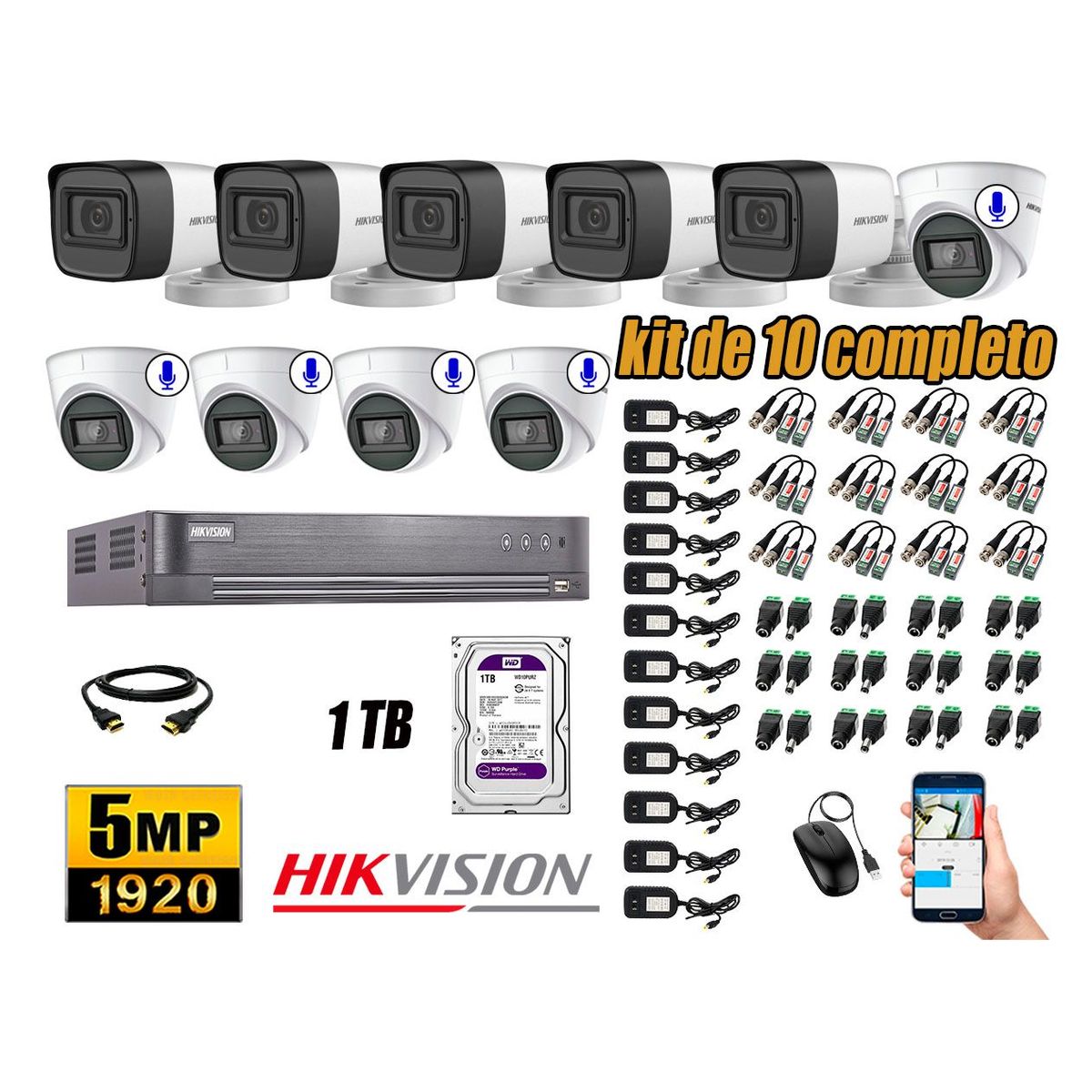 HIKVISION - Cámaras de Seguridad Kit 10 5MP | 05 Cámaras Audio Incorporado Disco 1TB WD P2P