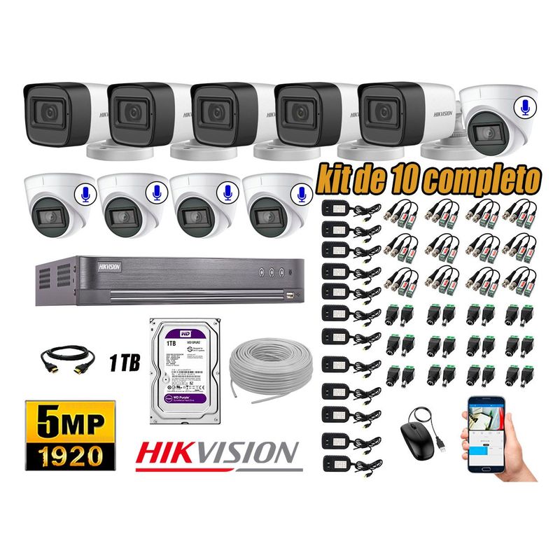 HIKVISION - Cámaras de Seguridad Kit 10 5MP | 05 Camaras Audio Incorporado Disco 1TB WD