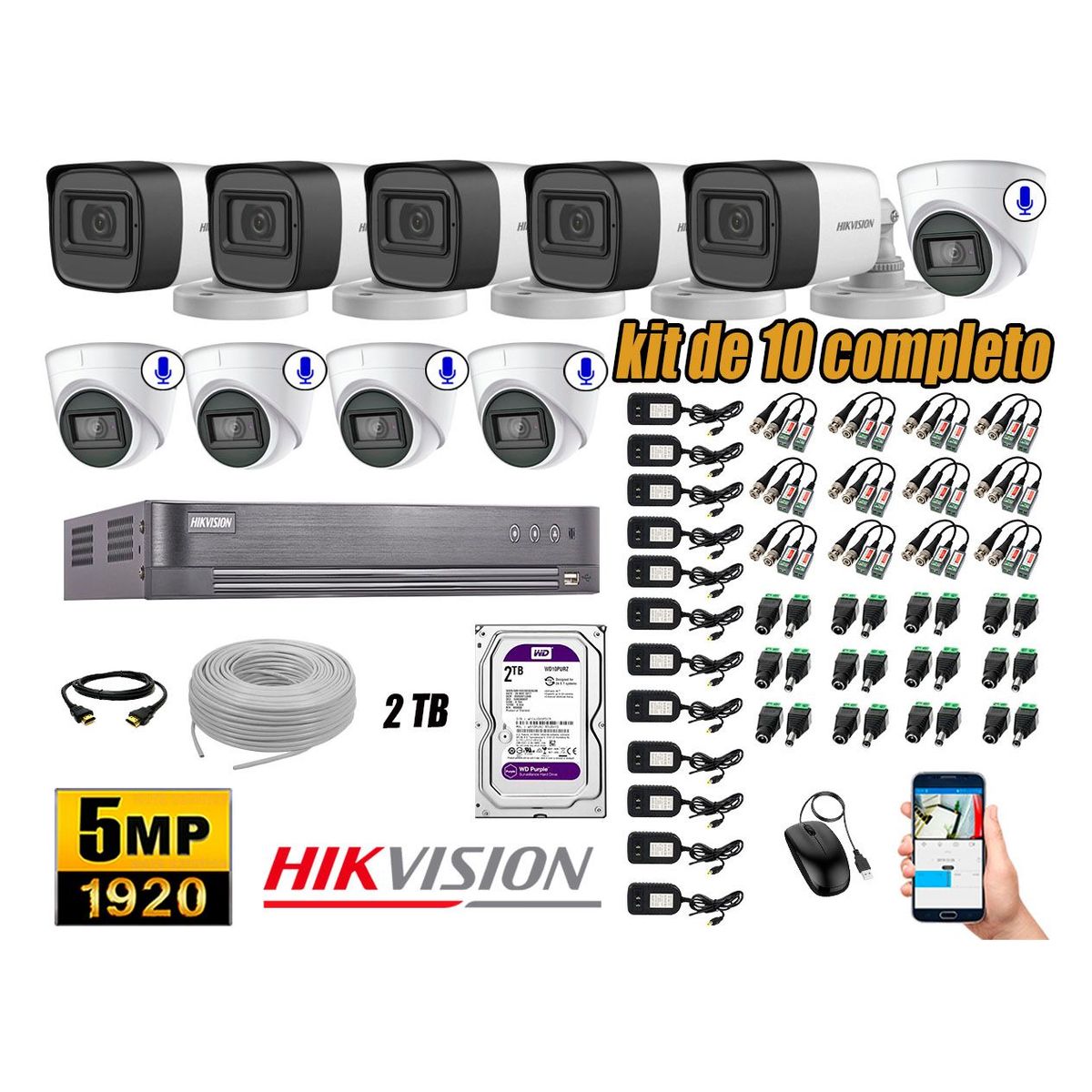 HIKVISION - Cámaras de Seguridad Kit 10 5MP | 05 Cámaras Audio Incorporado Disco 2TB WD P2P