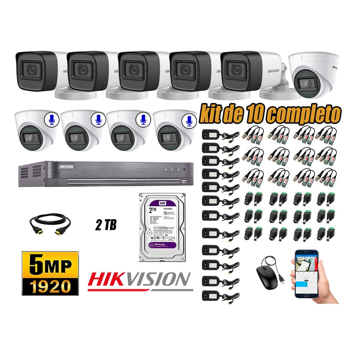 HIKVISION - Cámaras de Seguridad Kit 10 5MP | 05 Cámaras Audio Incorporado Disco 2TB WD