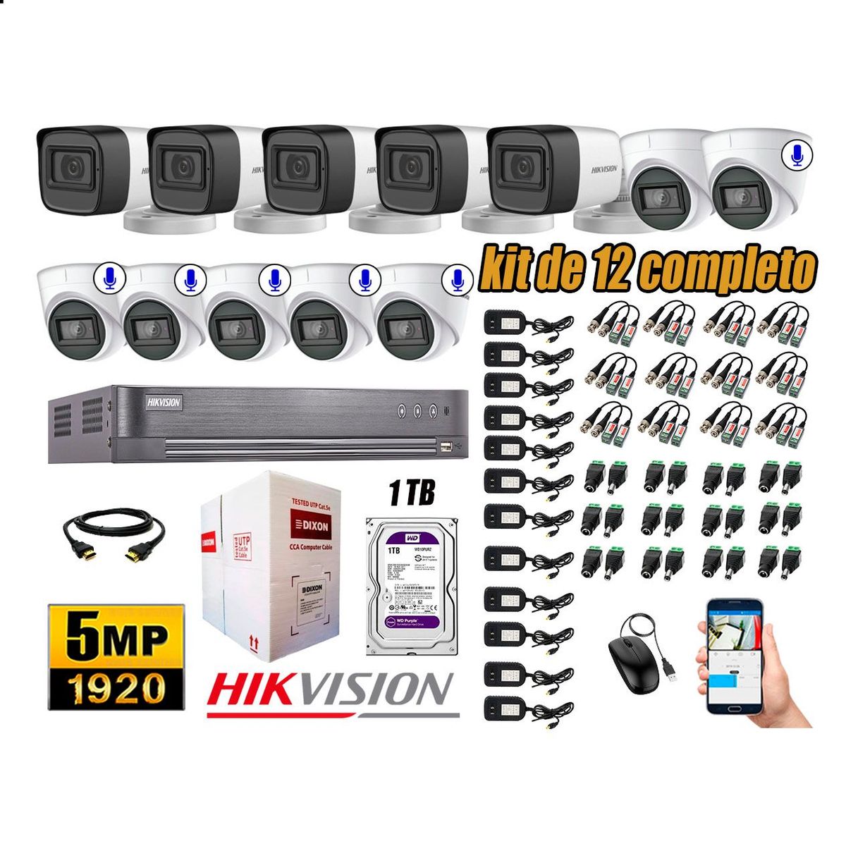 HIKVISION - Cámaras de Seguridad Kit 12 5MP | 06 Cámaras Audio Incorporado Disco 1TB WD