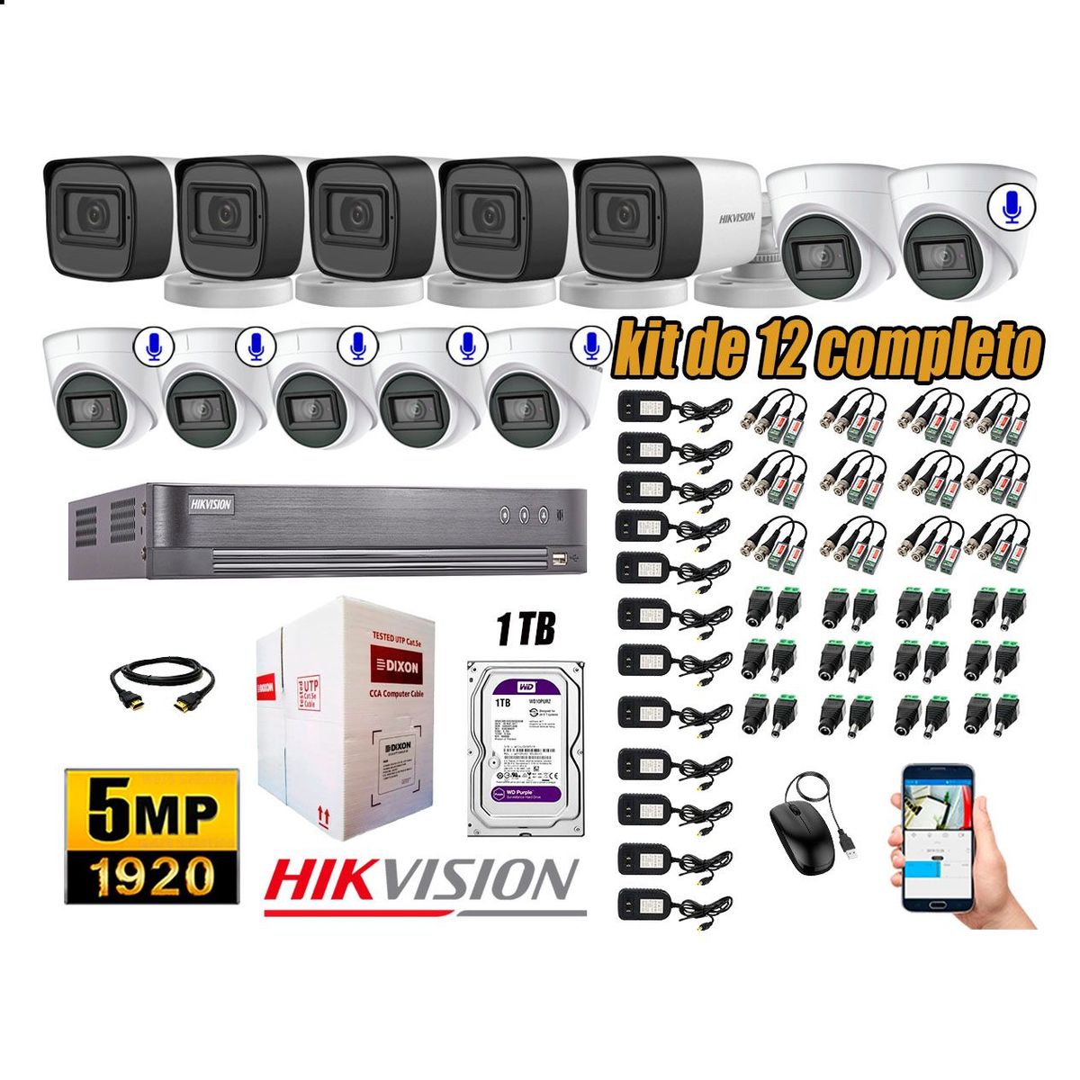 HIKVISION - Cámaras de Seguridad Kit 12 5MP | 06 Cámaras Audio Incorporado Disco 2TB WD P2P