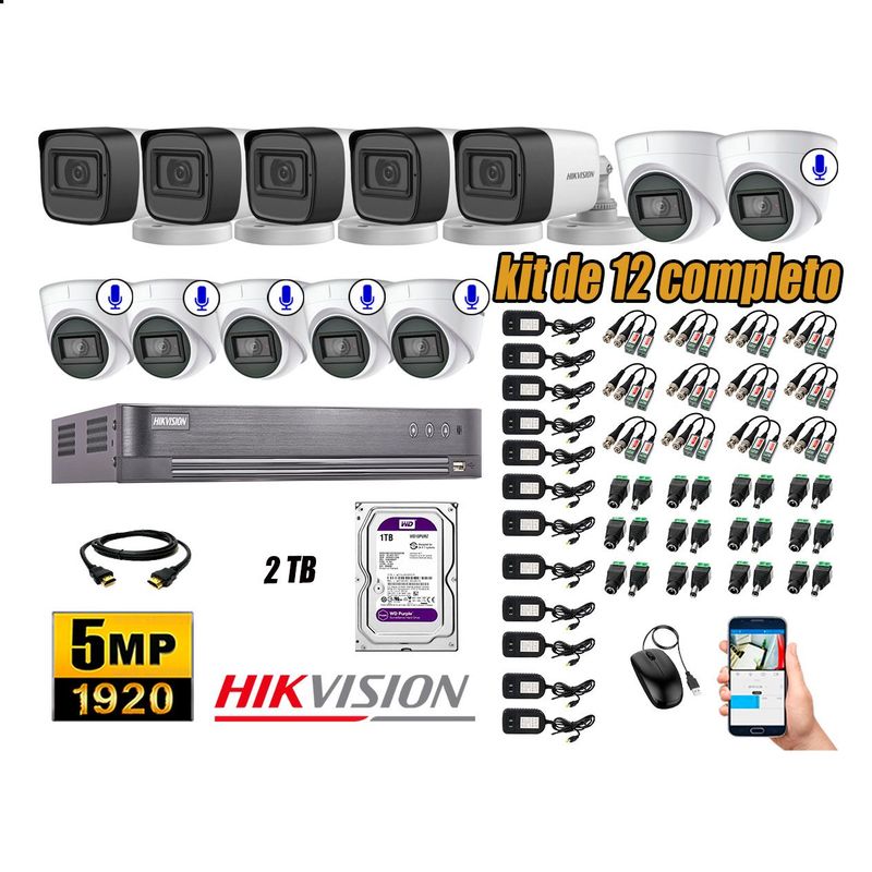 HIKVISION - Cámaras de Seguridad Kit 12 5MP | 06 cámaras Audio Incorporado Disco 2TB WD