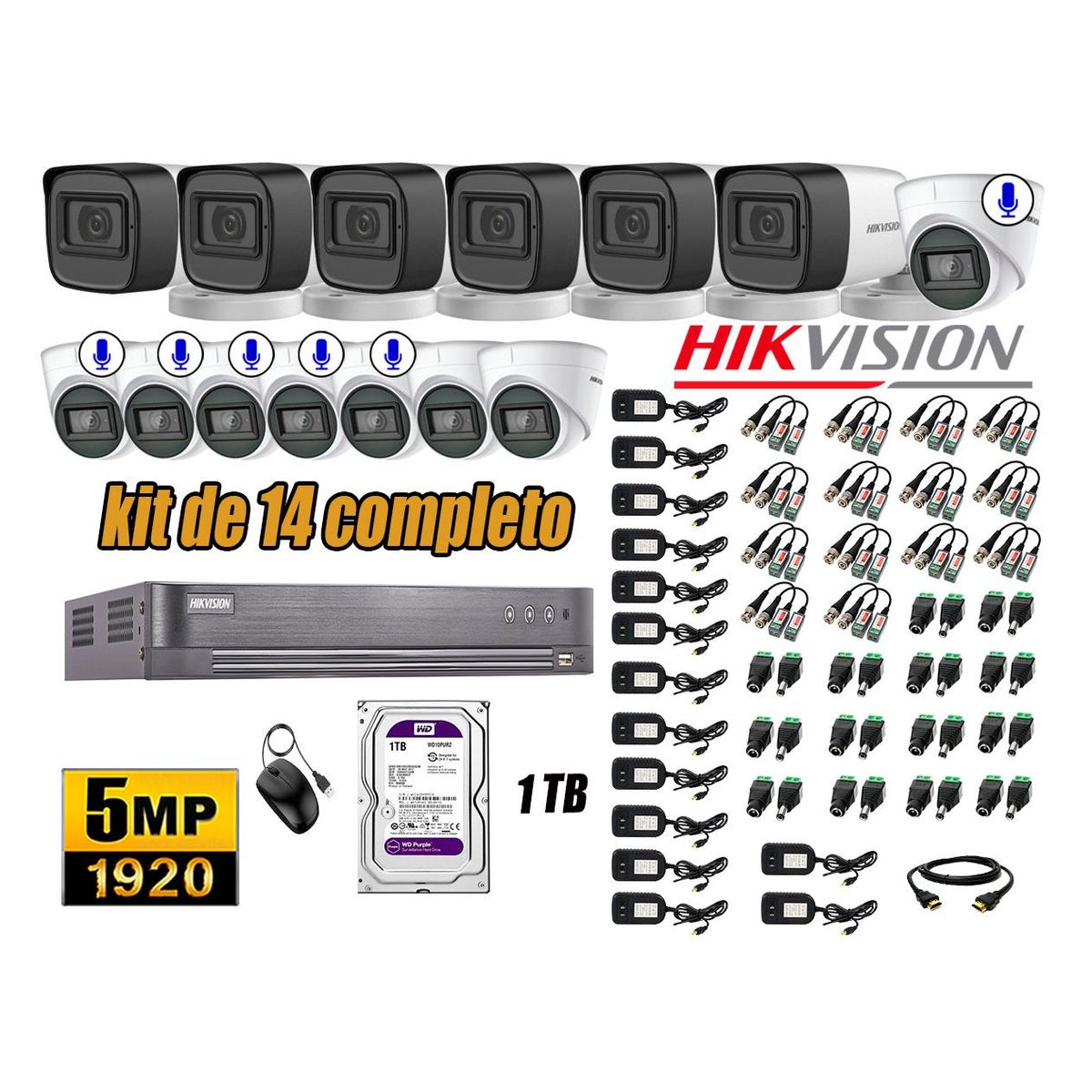 HIKVISION - Cámaras de Seguridad Kit 14 5MP | 06 Cámaras Audio Incorporado Disco 1TB WD P2P