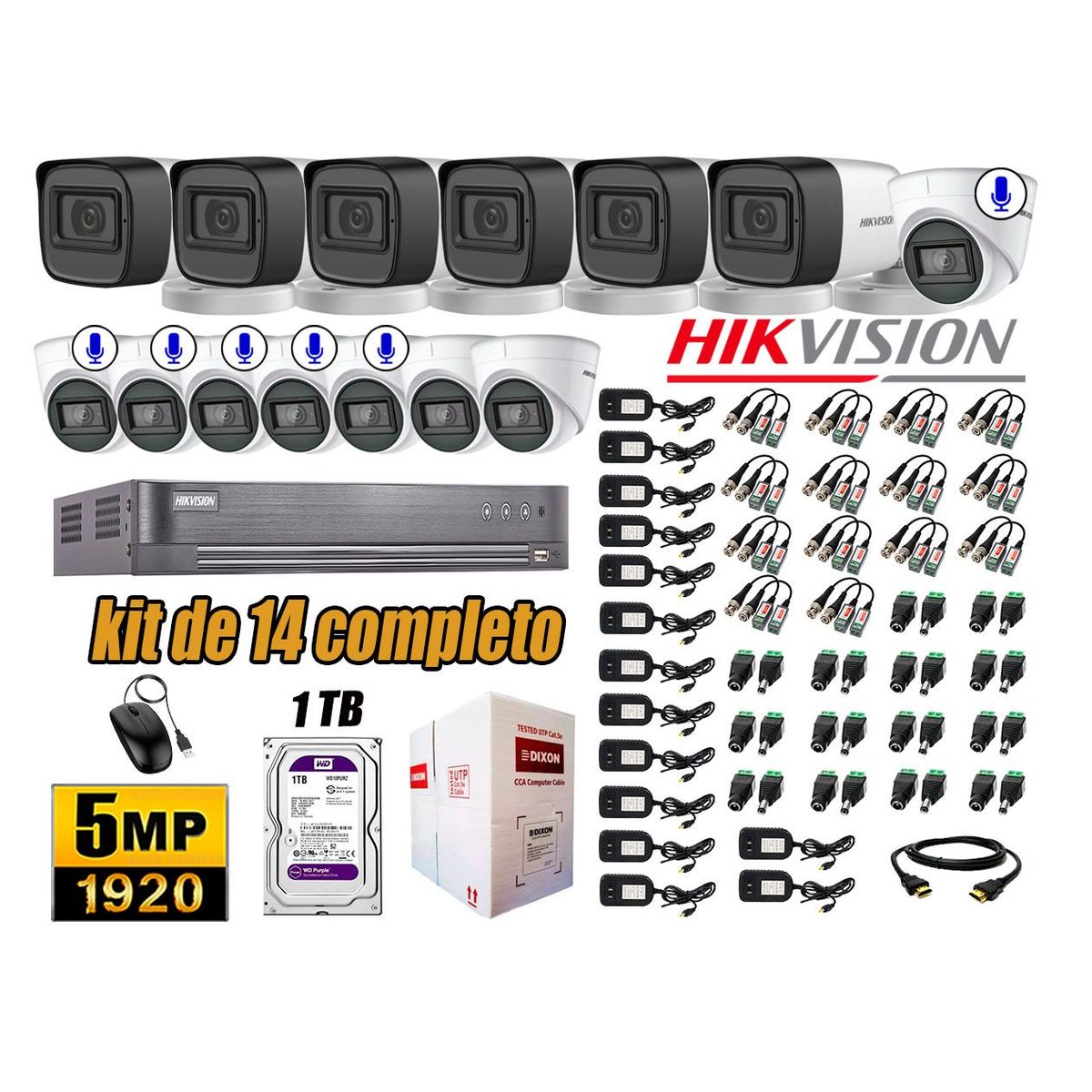 HIKVISION - Cámaras de Seguridad Kit 14 5MP | 06 Cámaras Audio Incorporado Disco 1TB WD