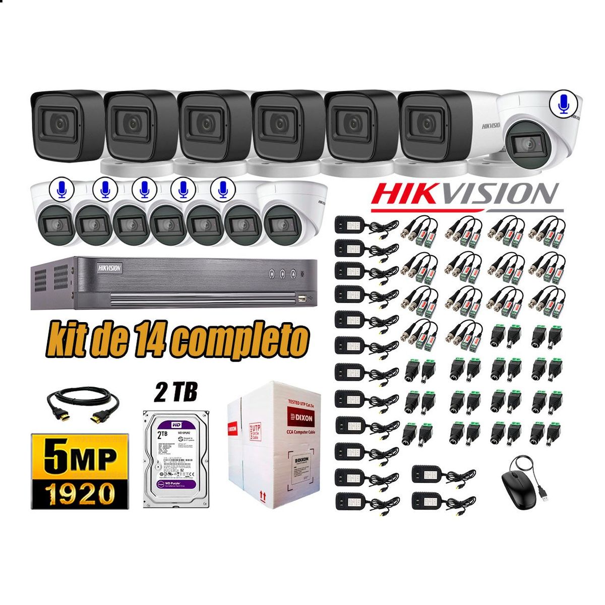 HIKVISION - Cámaras de Seguridad Kit 14 5MP | 06 Cámaras Audio Incorporado Disco 2TB WD P2P