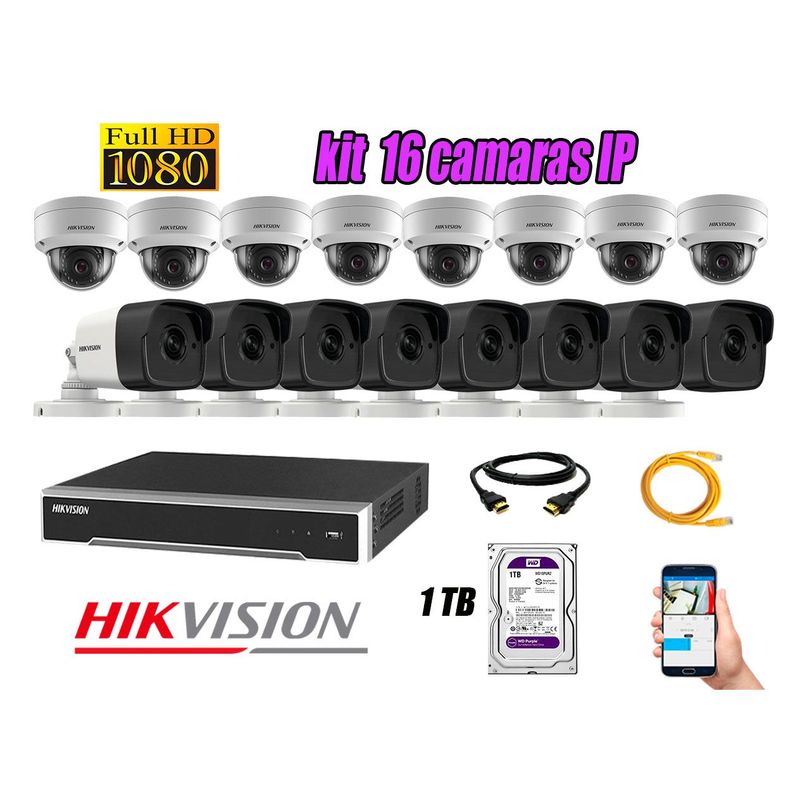 HIKVISION - Camara de Seguridad Ip Poe Full HD 1080P Kit 16 Disco 1TB WD Purpura P2P