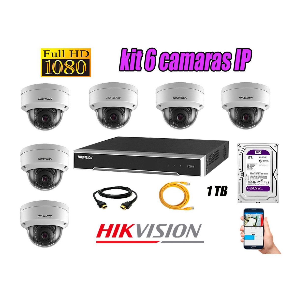 Hikvision - Camara de Seguridad Ip Poe Interior Full HD 1080P Kit 6 Disco 1TB WD Purpura P2P