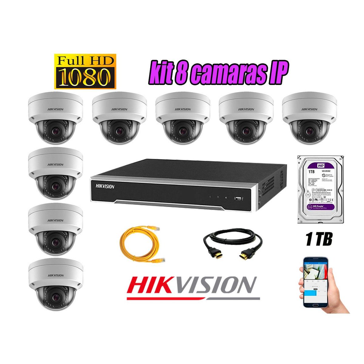 Hikvision - Camara de Seguridad Ip Poe Interior Full HD 1080P Kit 8 Disco 1TB WD Purpura P2P