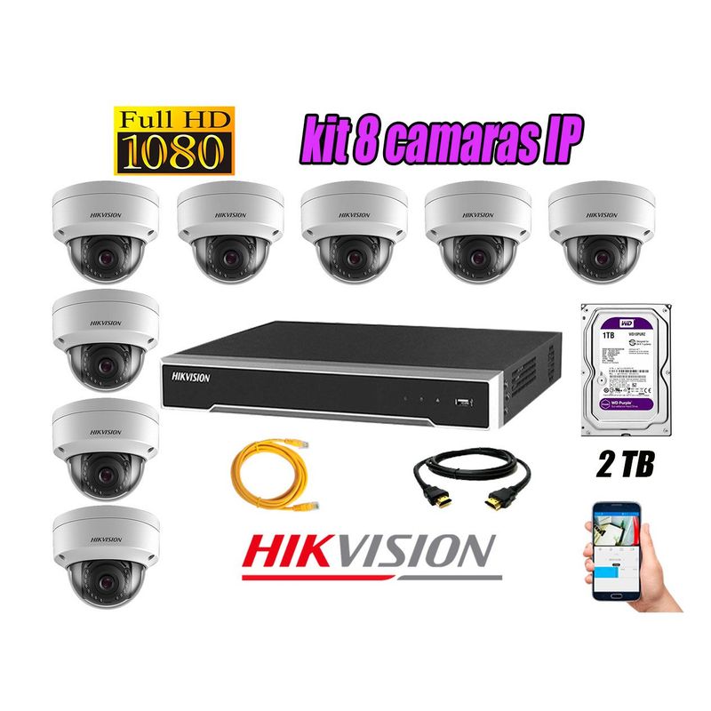 HIKVISION - Camara de Seguridad Ip Poe Interior Full HD 1080P Kit 8 Disco 2TB WD Purpura