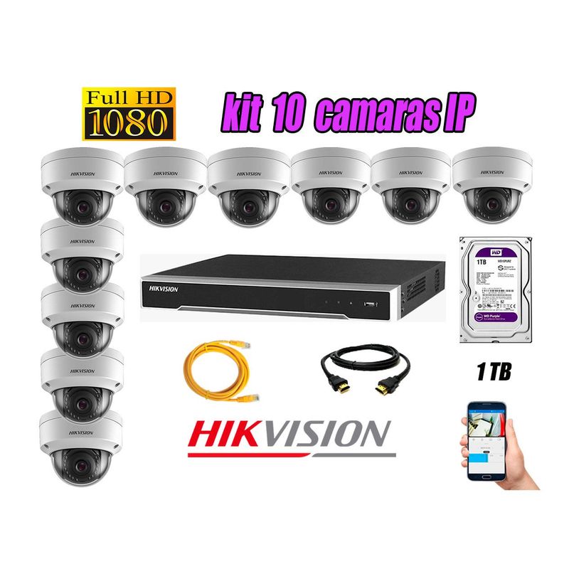 HIKVISION - Camara de Seguridad Ip Poe Interior Full HD 1080P Kit 10 Disco 1TB Purpura P2P