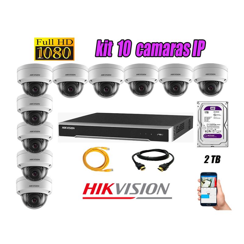 HIKVISION - Camara de Seguridad Ip Poe Interior Full HD 1080P Kit 10 Disco 2TB WD Purpura