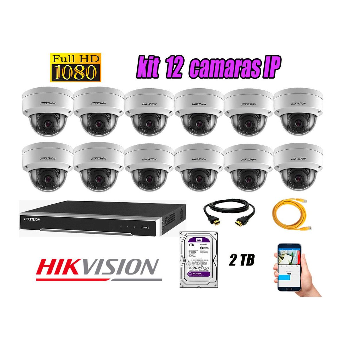 HIKVISION - Camara de Seguridad Ip Poe Interior Full HD 1080P Kit 12 Disco 2TB WD Purpura