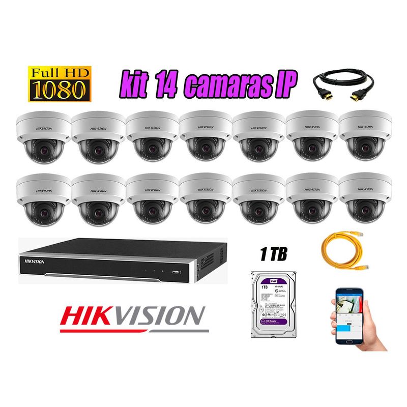 HIKVISION - Camara de Seguridad Ip Poe Interior Full HD 1080P Kit 14 Disco 1TB WD Purpura P2P