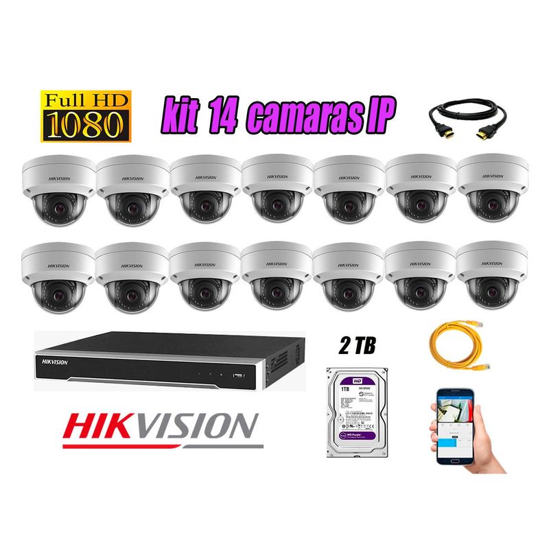HIKVISION - Camara de Seguridad Ip Poe Interior Full HD 1080P Kit 14 Disco 2TB WD Purpura