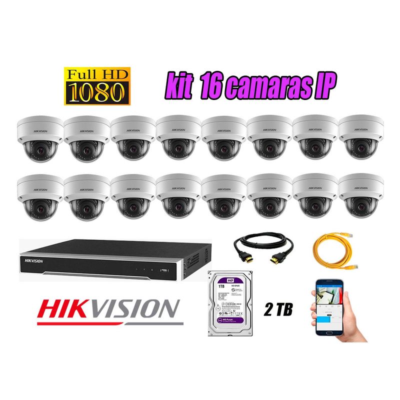 HIKVISION - Camara de Seguridad Ip Poe Interior Full HD 1080P Kit 16 Disco 2TB WD Purpura