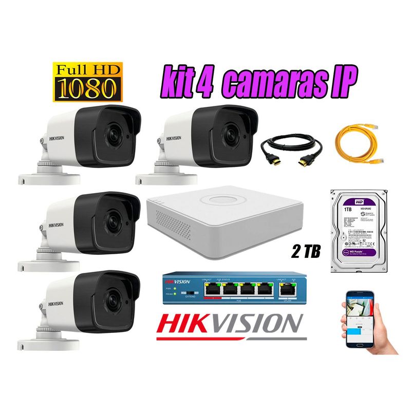 HIKVISION - Camara de Seguridad Ip Full HD 1080P Exterior Kit 4 Disco 2TB WD Purpura