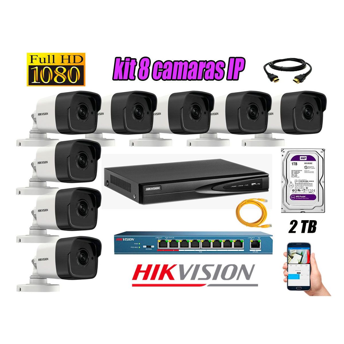 HIKVISION - Camara de Seguridad Ip Full HD 1080P Exterior Kit 8 Disco 2TB WD Purpura